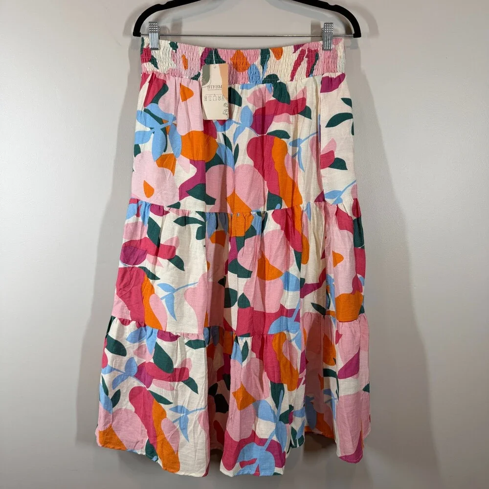 BTFBM Womens Tiered‎ Maxi Skirt Abstract Floral Smocked Waist Pockets Size Large